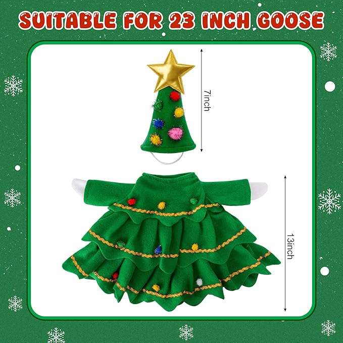Watayo 2 Pcs/Set Christmas Tree Porch Goose Outfits, Lawn Goose Statue Xmas Tree Costume, Green Christmas Garden Goose Clothes Dress and Hat for 23" High Statue Xmas Holiday Patio Yard Decor