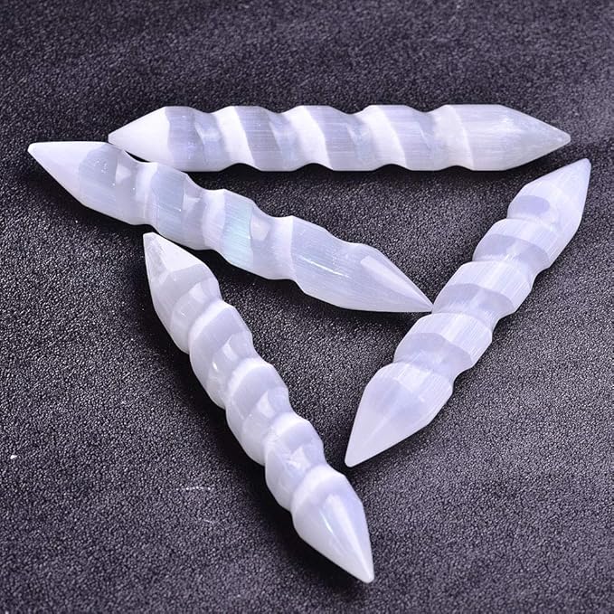 JIC Gem 4pc Selenite Spiral Wand Double Point Moroccan Selenite Crystals and Healing Stones 6-6.5 inch