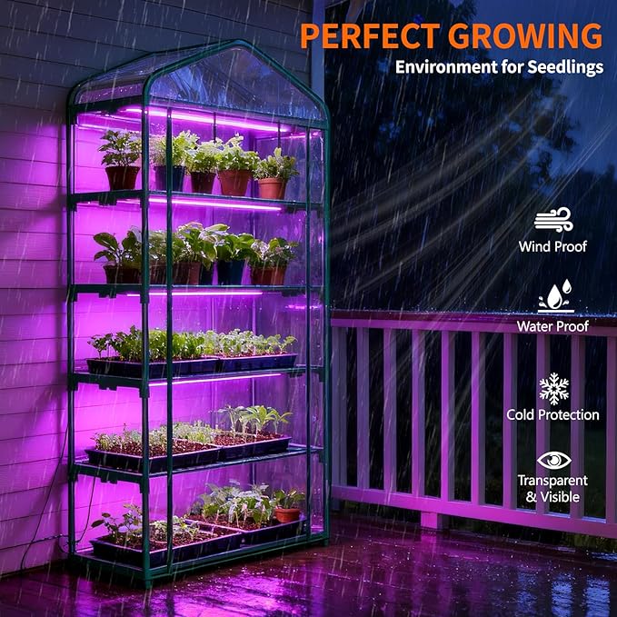 Indoor Greenhouse with Grow Light, 5-Tier Mini Greenhouse 35.4"x19"x74.8" Small Greenhouse with Zippered PVC Cover for Seed Starting Trays, Dimmable Plant Light for Indoor Plants with Timer