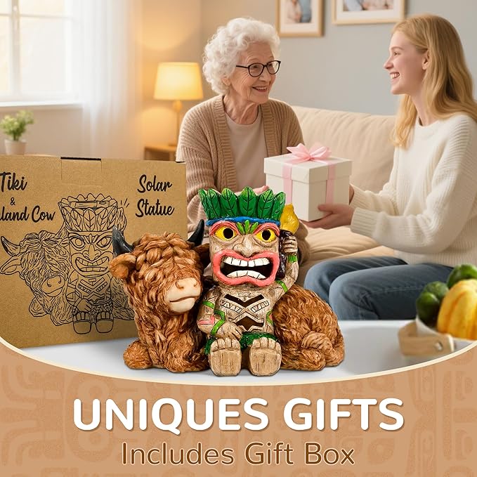 Funny Tiki Highland Cow Solar Garden Statue with LED Light - Outdoor Yard Lawn Patio Decor - Great Birthday Housewarming Gift for Women, Mom, Grandma