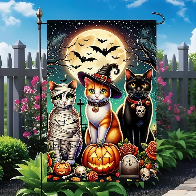 Halloween Decorations Outdoor Garden Flag 12x18 Inch Double Sided Cat Pumpkin Fall Decor Yard Lawn Patio Porch Banner Halloween Garden Flag