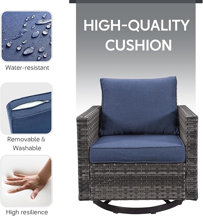 6 Piece Wicker Patio Furniture Set - Outdoor Swivel Rocker Chairs Set with Coffee Table, 3 Seat Sofa & Ottomans, Small Patio Conversation Sets Proch Furniture for Balcony Deck - Grey/Blue