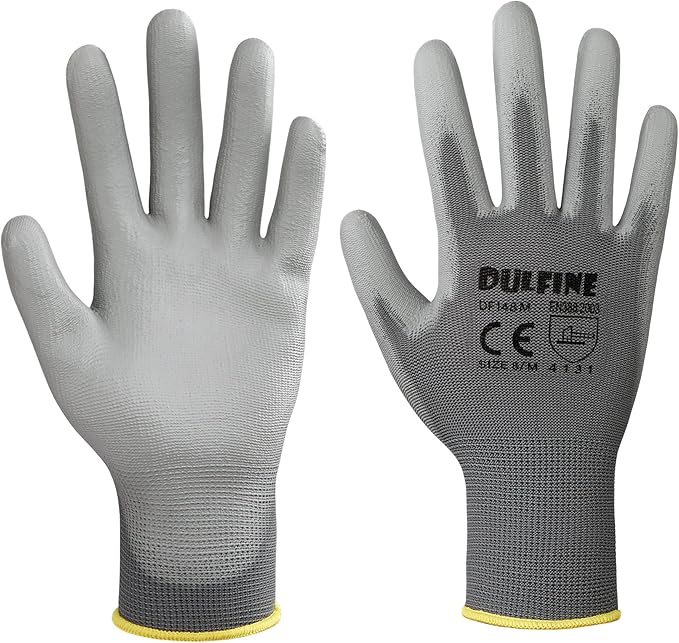 DULFINE Safety Work Gloves for Men PU Coated 60 Pairs Bulk Pack,Grey Seamless Knit Glove with thin Polyurethane Coated Smooth Grip on Palm & Fingers,Ideal for General Duty Work (Extra Large)
