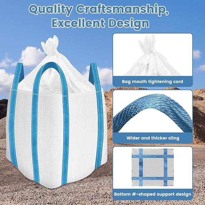 FIBC Bulk Bag, 2 Ton Bag, 35"L x 35"W x 43"H, 4400 lbs SWL, 6 Pack, Duffle Top Flat Bottom, Heavy Duty Woven Polypropylene Bags for Industry Construction