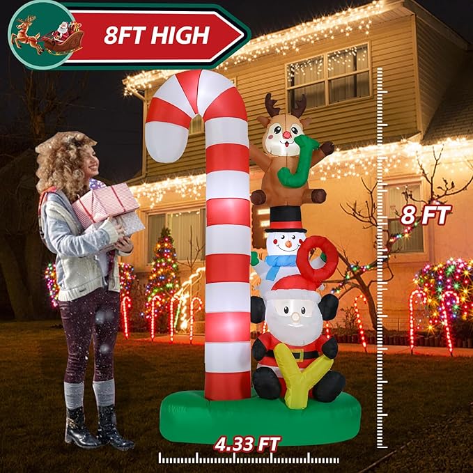 Christmas Inflatables Outdoor Decoration 8 FT Santa Claus Joy Reindeer Snowman Candy Cane Inflatable with LED Light Christmas Blow Up for Lawn Garden Holiday Party Yard Xmas Decor