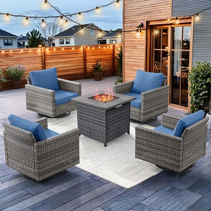 HUMMUH 5 Piece Patio Furniture Set,Wicker Swivel Rocker Patio Chairs Set of 4 with 30'' Fire Pit Table Outdoor Furniture Set for Porch,Garden,Backyard