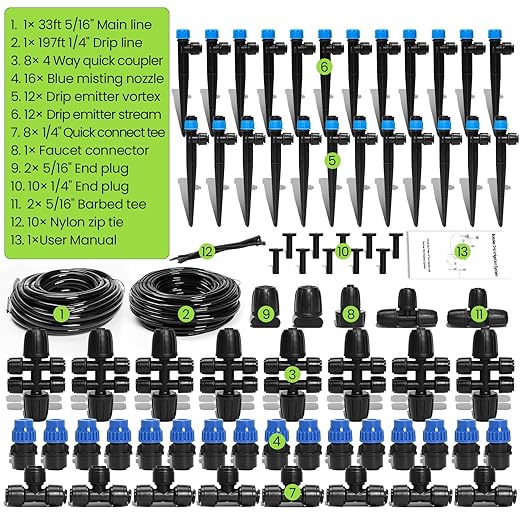 Bonviee 230FT Drip Irrigation System with Quick Connector, New Automatic Drip Irrigation Kits for Garden Raised Bed- A Complete Watering System with 5/16“ and 1/4'' Tubing, Drip Emitters