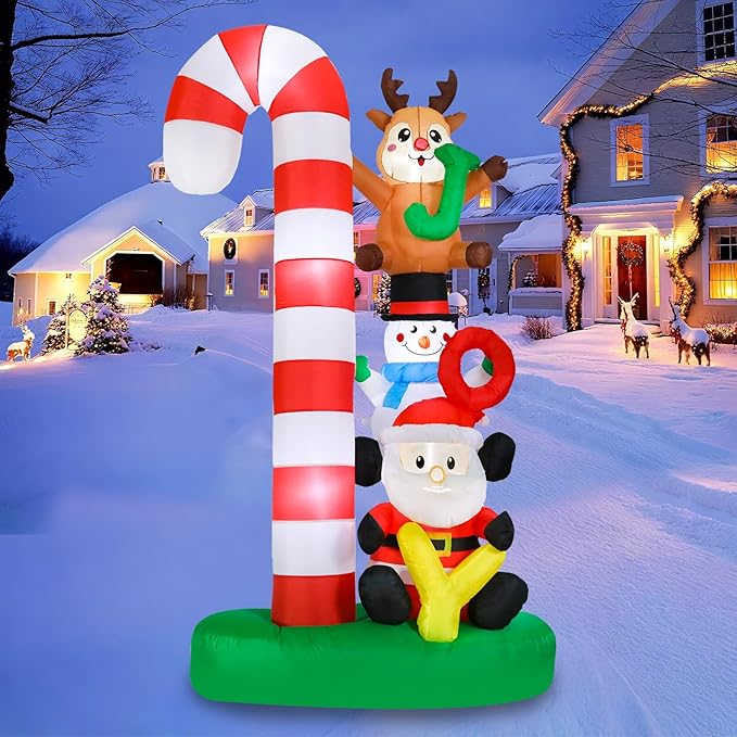 MUMTOP Christmas Inflatable Outdoor Decoration, 7.8 FT Candy Cane Christmas Inflatables with Joy Sign, Elk, Snowman and Santa Blow Up Lighted Holiday Displays for Garden Yard Outside Winter Decor