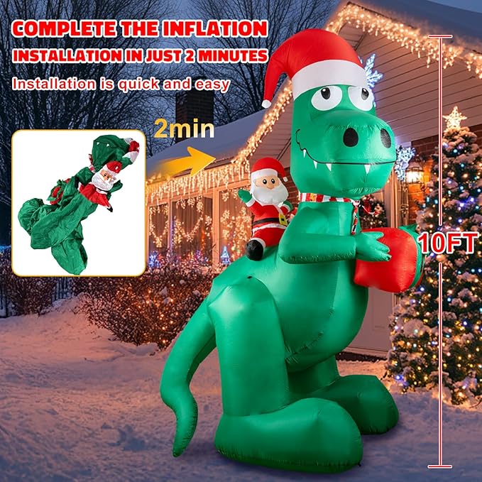 HFO 10ft Tall Christmas Inflatable Outdoor Decorations, Blow up Yard Decor with Santa Claus Rides a Dinosaur to Deliver Gifts, Bright LED Lights Christmas Outdoor Decorations