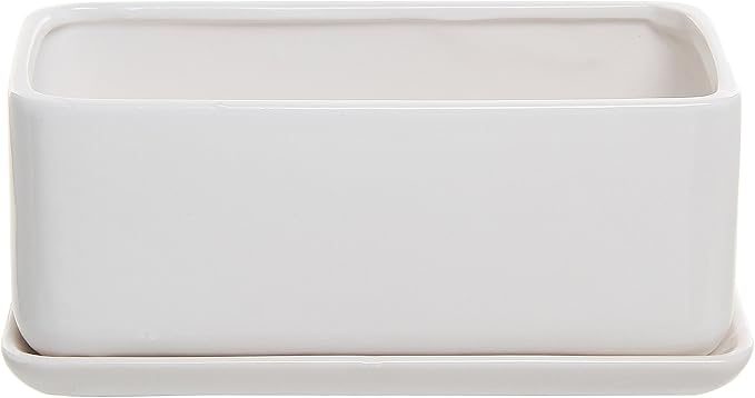 MyGift 14 Inch Modern Unglazed White Ceramic Indoor Plant Pot with Drainage Hole, Rectangular Succulent Planter Window Box with Removable Saucer, White (10 inch, 1, Piece)