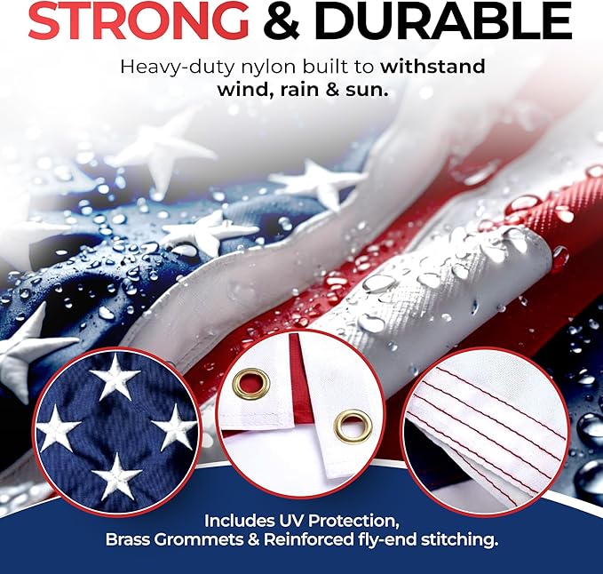 American Flag for Outside Heavy-Duty US Flag with Embroidered Stars Reinforced Material USA Flag Built for Outdoors Sewn Stripes UV Protection Brass Grommets (3x5 ft)