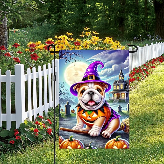 Halloween Pug Garden Flag, Scary Dog in Witch Hat and Pumpkin Costume, 12x18" Double Sided Small Halloween Flag Outdoor Yard Lawn Decoration