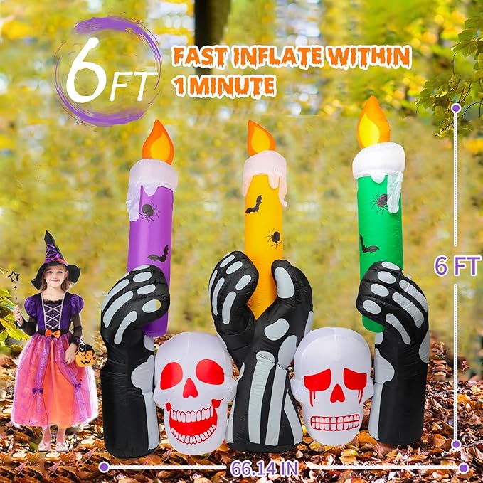 Halloween Inflatable Decoration Skull Candles 6 FT Halloween Inflatables Outdoor Blow up Outdoor Halloween Inflatables Decorations with LED Light Built-in for Holiday Party Yard Decor