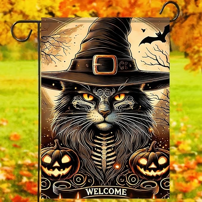 Halloween Garden Flag - Cat Witch Hat, 12x18 Inch Double-Sided Vertical Fall Holiday Outdoor Decorative Flag for Porch, Lawn, Garden