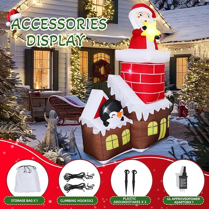 DearSun 7FT H Lovely Christmas Inflatable Santa in The Chimney of Candy House with Penguin&Star Decorations, Blow up Christmas House with Build-in LED Lights Indoor Outdoor Holiday Decoration