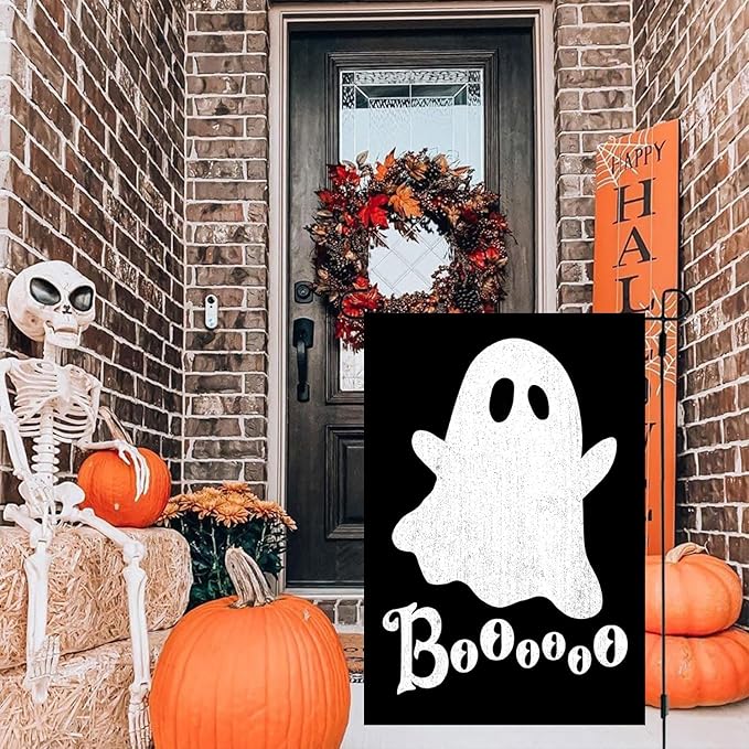 DECORLUXES Halloween Ghost House Flag 28x40 Double Sided, Garden Flags Garden Outside Decor, Boo Black Holiday Yard Outdoor Decoration for Home (House + Garden flag)