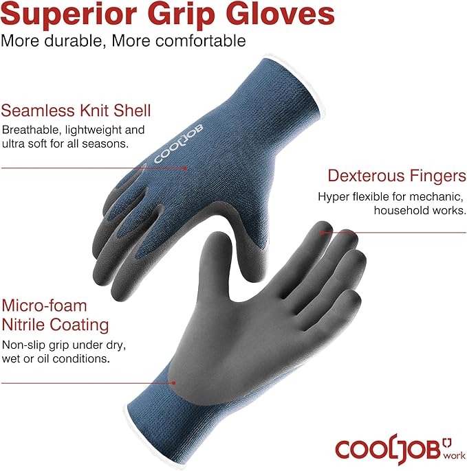 COOLJOB Micro-Foam Nitrile Safety Work Garden Gloves with Touchscreen Fingers, 6 Pairs Lightweight Working for Men’s Sweaty Hands, Non-slip Coated Grip Fits Most Tasks, Small, Blue & Black