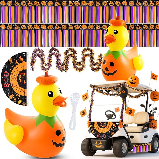Hungdao 4ft Halloween Inflatable Pumpkin Duck Halloween Golf Cart Decorations Kit PVC Blow Ups Pumpkin Duck Tinsel Garlands Tinsel Streamers Fan Flag, Reusable Outdoor Decoration for Parade Yard