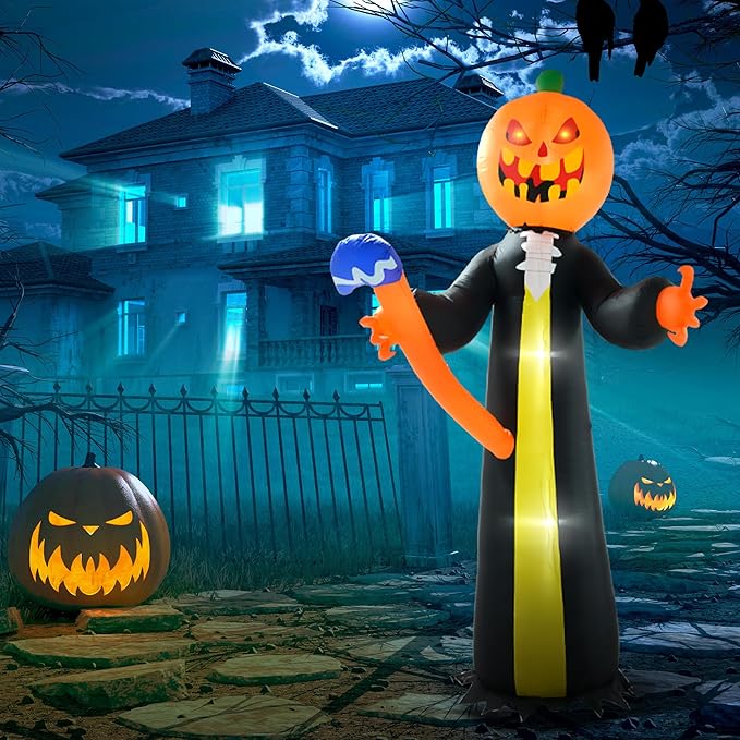 10ft Inflatable Halloween Decoration Pumpkin Head Ghost with Hammer, Waterproof Outdoor Decorations, Blow Up LED Yard Decor for Garden, Lawn, Party, Holiday