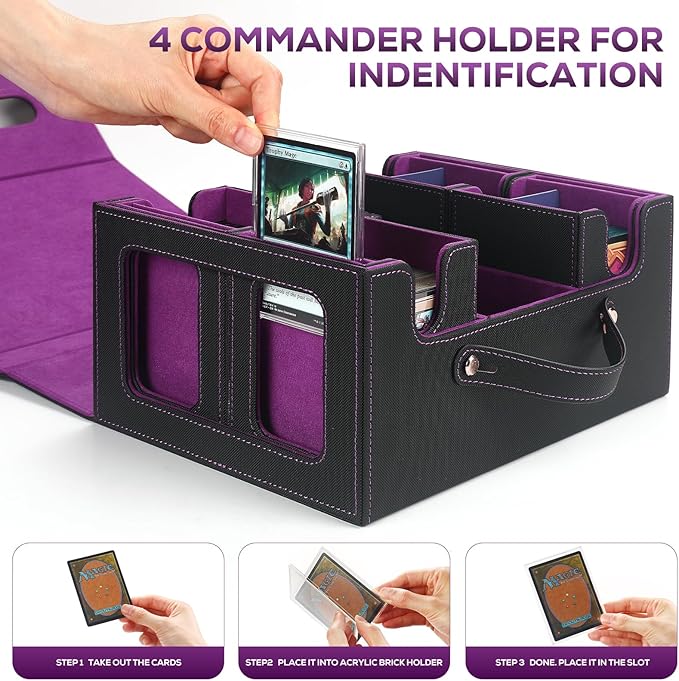 Trading Card Storage Box for MTG, card storage box with Commander Display，Multi-purpose Deck Case for MTG TCG Sports Card, 4 Toploaders, 4 Stoppers, 4 Colorful Dividers (Black & Purple)