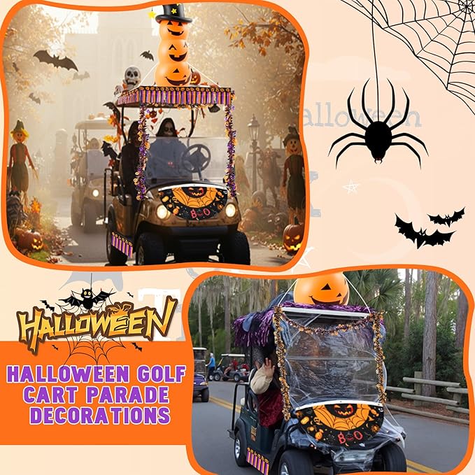 Hungdao 5ft Halloween Inflatable Pumpkin Halloween Golf Cart Decorations Kit PVC Blow Ups Pumpkins Tinsel Garlands Tinsel Streamers Fan Flag, Reusable Outdoor Decoration for Parade Yard