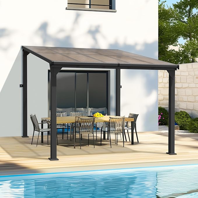 10 * 10FT Pergola,Outdoor Gazebo,Hardtop Lean to Gazebo,Wall Mounted Pergola,Pergolas Gazebos Clearance,Aluminum Frame Pergola,UV Resistant Patio Roof,Patio Awnings for Porch,Lawn,Backyard