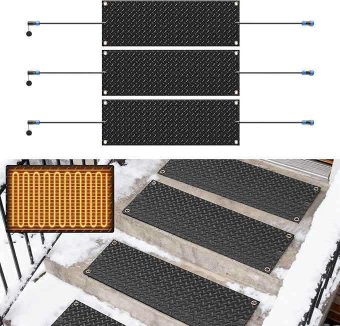 Snow Melting Mats Outdoor for Stairs,10 x 30 in 4 Pack No-Slip Heated Outdoor Mats with 10 ft Power Cord, 3 in/h Speed Snow and Ice Melting Pads for Winter Outdoor Stairs, Steps Snow Removal