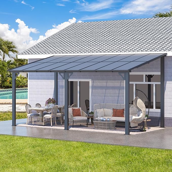 AECOJOY 16' x 8' Gazebo Outdoor Pergola for Patio, Hard Top Lean to 8x16 Gazebo Shelter Pergolas and Gazebos Clearance with Patio Roof, Large Wall-Mounted Heavy Duty Awnings for Patio, Decks, Backyard