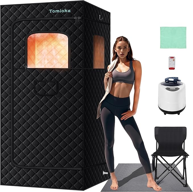 Tomioka Sauna Box,Portable Steam Sauna for Body Relaxation,Portable Personal SPA Steam Tent with 3L /1500W Steamer, 9 Levels Temp Control,Indoor,Outdoor (Black)