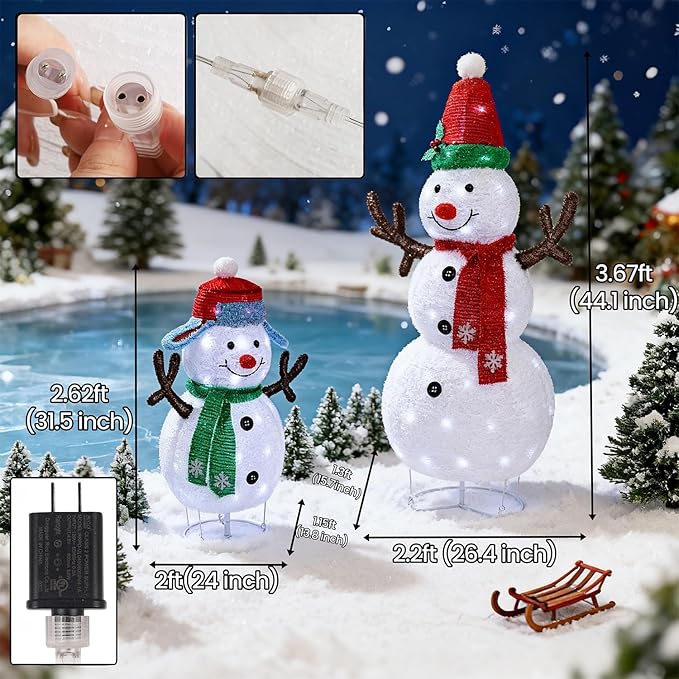 Hausse Set of 2 Lighted Christmas Snowman Decorations, 3.6+2.6FT Outdoor Pre-Lit White Snowmen with Lights, Light Up Collapsible Xmas Yard Display, Plug in for Holiday New Year Winter Garden Yard