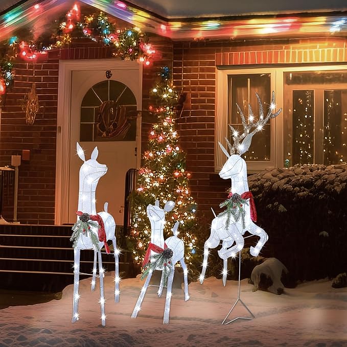 Lulu Home Set of 3 Pre-lit White Reindeer with 255 LEDs Clear White Lights, 3D Light Up Glittered Standing Reindeer Family for Xmas Lighted Holiday Display Indoor Outdoor