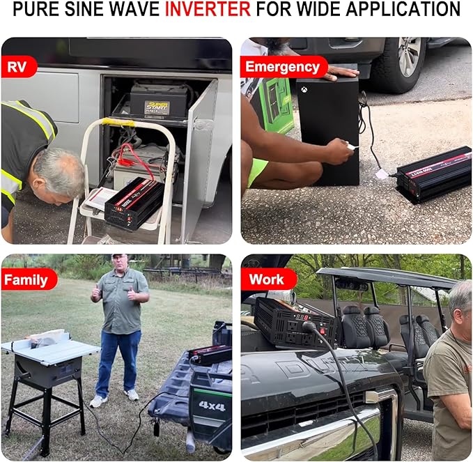 JIGUUN 3000 Watt Pure Sine Wave Inverter, Power Converter 12V DC to 110v/120v AC, Car Inverter with 4 AC Outlets& USB Port Remote Control for RV Camping Truck.