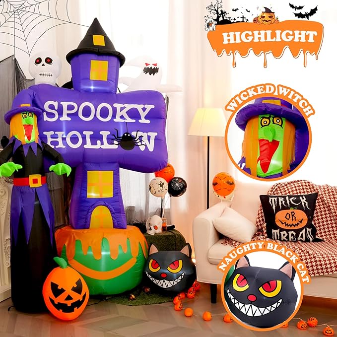 Whubefy 8FT Halloween Inflatable Outdoor Decoration Witch Ghost Tombstones Combo, Skull Cat Halloween Decor with LEDs, Blow Up Halloween Decorations Outdoor Inflatable Pumpkin for Yard Garden Indoor