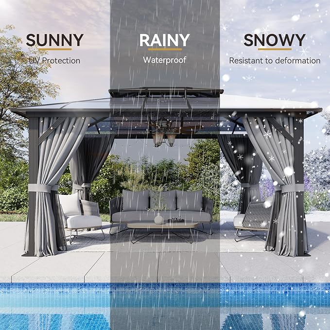 Aoxun 12'x14' Hardtop Gazebo, Aluminum Frame Permanent Pavilion with Netting and Curtains, Outdoor Polycarbonate Double Roof Canopy, Designed for Lawn, Garden, Patio (Gray)