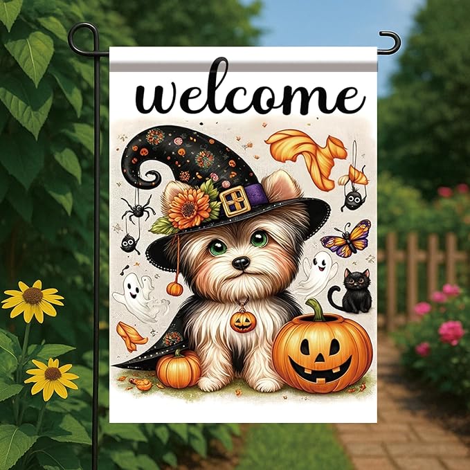 Halloween Garden Flag Yorkshire Terrier Flag 12x18 Inch Welcome Dog Pumpkin Yard Banner Double Sided Outdoor House Decor with Ghosts Black Cat for Fall Lawn Holiday Seasonal Decoration