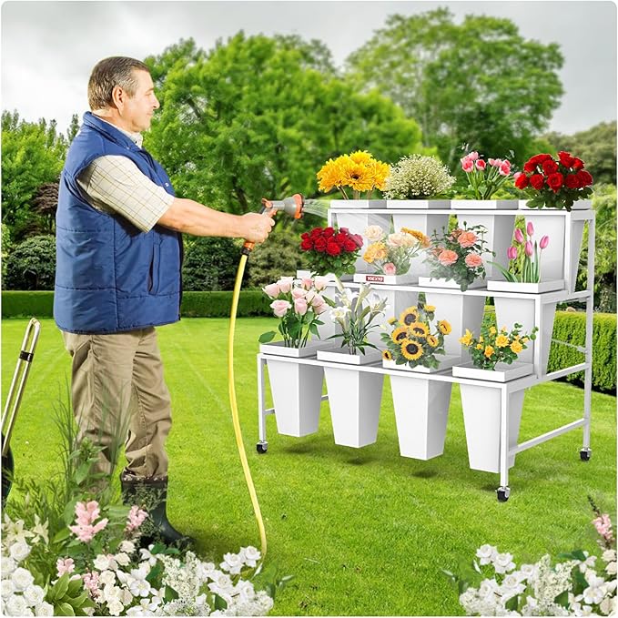 Flower Display Stand 3 Layers with 12 PCS Round Buckets, Plant Stand with Wheels, Movable Metal Plant Stand for Terrace Garden, Living Room, Florist Shop