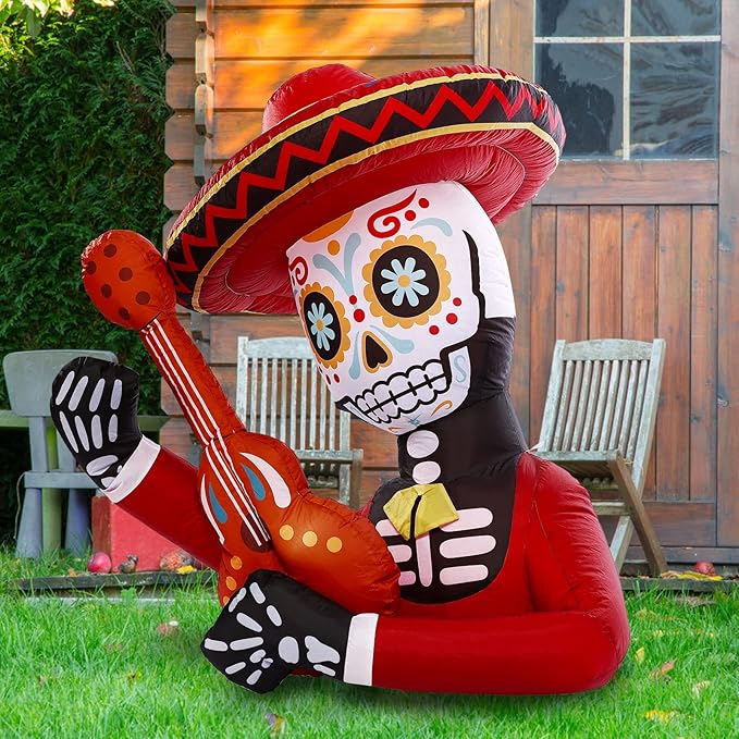 WBHome 4 Ft Halloween Inflatable Outdoor Skull Guitar Decorations, Day of The Dead Blow Up Yard Decor with Built-in LED Light (Plug in) for Lawn Home Dia de Los Muertos Party Indoor Outdoor