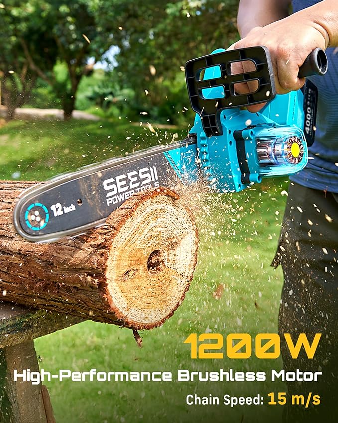 SEESII Chainsaw Cordless 12-inch, Handheld Chain Saw with 2 * 4.0Ah Batteries, Electric Saw with Tool-free Chain Tension, Auto Oiling for Wood Cutting Trimming Branch