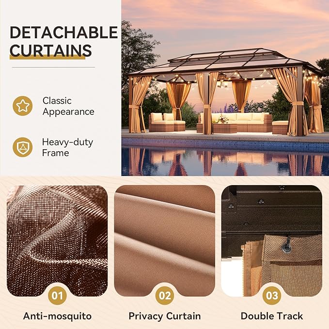 Aoxun Hardtop Gazebo, Aluminum Frame Permanent Pavilion with Netting and Curtains, Outdoor Polycarbonate Double Roof Canopy, Designed for Lawn, Garden, Patio (Brown, 12'x20' with Ground Anchor)