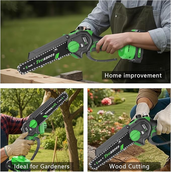 Mini Chainsaw Cordless, 8 Inch & 6 Inch Portable Electric Chain Saw with 2 Battery 8 Chains, Auto Oiler, Battery Powered Small Handheld Saw for Wood Cutting, Tree Trimming, Garden(Green)
