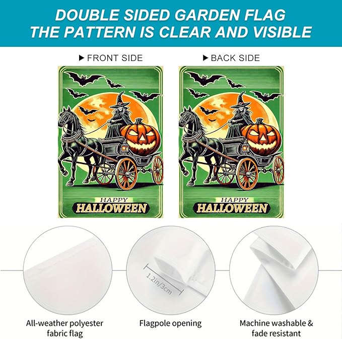 Halloween Horror Garden Flag 12x18 Inch Witch Carriage Pumpkin Moon Flag Outdoor Yard Decorations House Banner Porch Lawn Patio Home Decor