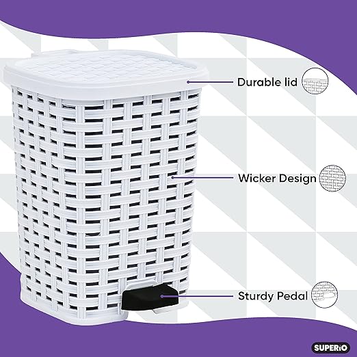 Superio Small Outdoor Trash Can with Lid for Dog Poop 3 Gallon/12 L Mini Plastic Garbage Can with Foot Pedal for Bathroom, Bedroom, Office, Patio, Wicker White