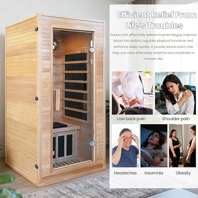 Far Infrared Sauna Home 1 Person, Sauna Spa Room Canadian Hemlock Wood 1340W 120V Low EMF with 7-Color Light Therapy, Control Panel, Bluetooth Speakers, Dual Tempered Glass Door