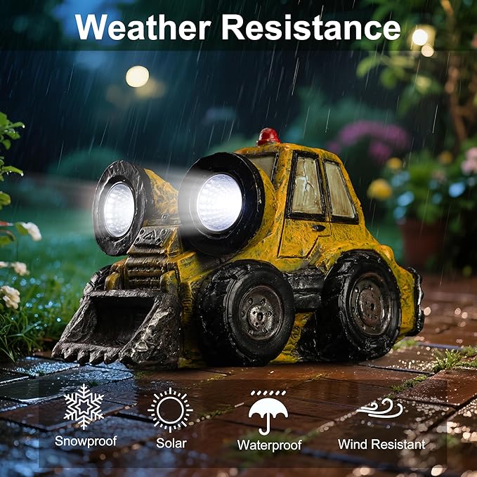 Garden Statue Outdoor Solar Light Decor with LED Light Rustic Vintage Bulldozer Construction Vehicle Decoration for Lawn Patio Yard Gifts for Women
