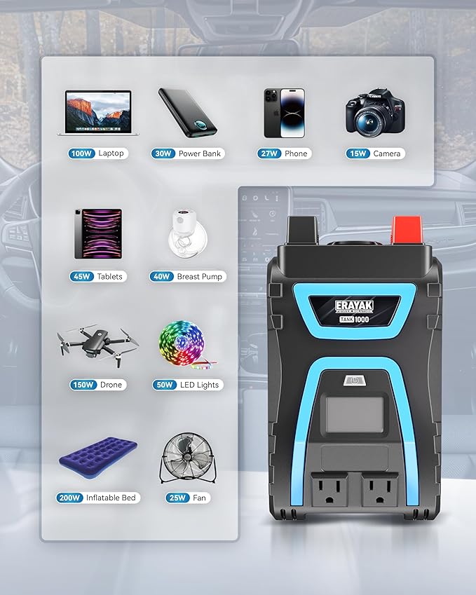 Erayak 1000W Power Inverter, 12V DC to 110V 120V AC, LCD Display, Modified Sine Wave, Dual 120V AC Outlets, USB-A & Type-C Ports, Quiet Fan for RV, Truck, Car, Home Backup