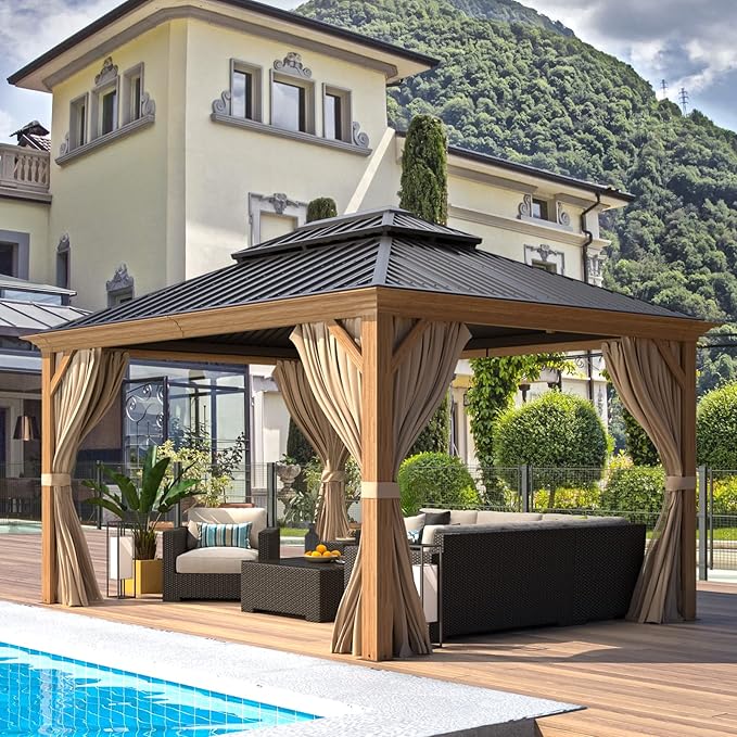 EROMMY 10'x12' Gazebo, Wood Grain Aluminum Frame Canopy with Double Galvanized Steel Hardtop Roof, Outdoor Permanent Metal Pavilion with Curtains and Nettings for Patio, Backyard and Deck