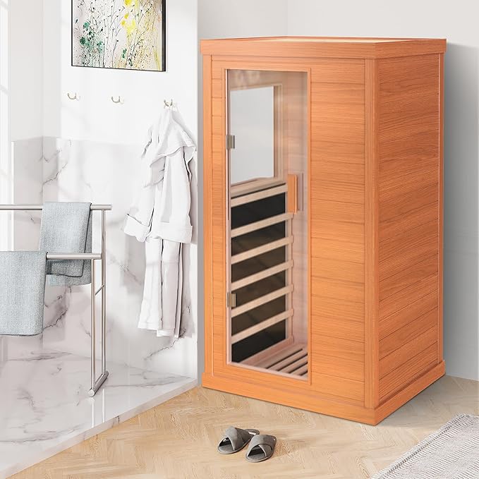 HUGROVE Far Infrared Wooden Sauna, Bluetooth Speakers & 5 Heating Panel, 900W Aucoumea Klaineana Dry Sauna for Home, Intelligent Control Panel and Tempered Glass Door