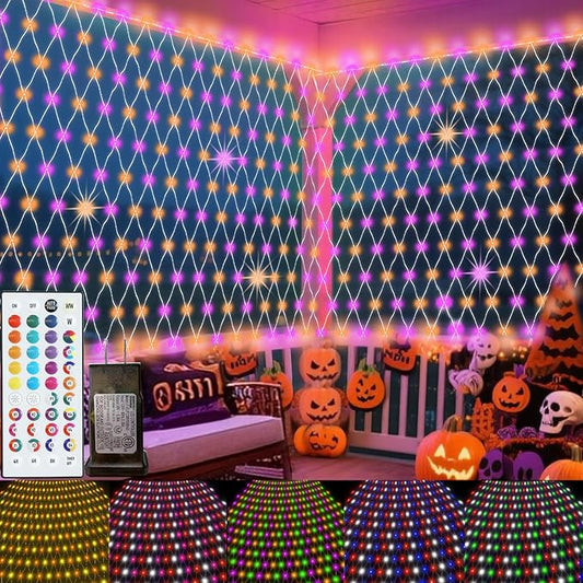 Color Changing Net Lights, 34 Colors Christmas Outdoor Mesh Lights with Remote, 14.8x4.9 ft 240 LED RGB Halloween Net Light Connectable Plug in Waterproof for Bush Thanksgiving Christmas Decoration