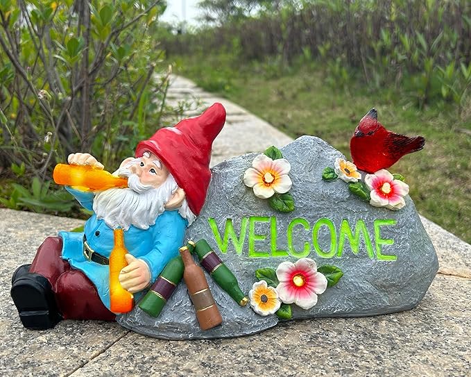 Funny Garden Gnomes Statue with Welcome, Solar Outdoor Gnomes Decorations for Yard, Patio, Lawn, Fathers Day Birthday Housewaming Gifts for Dad, Men, Husband, Grandpa, 11.8 Inch, Resin