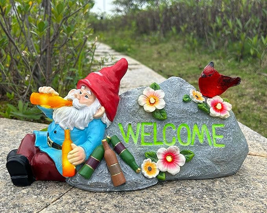 Funny Garden Gnomes Statue with Welcome, Solar Outdoor Gnomes Decorations for Yard, Patio, Lawn, Fathers Day Birthday Housewaming Gifts for Dad, Men, Husband, Grandpa, 11.8 Inch, Resin